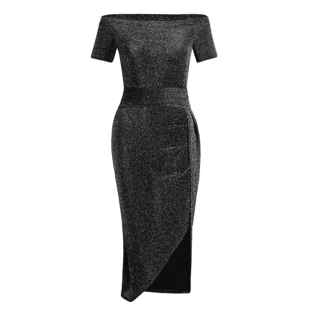 Women's Fashion Sexy Dress Strapless High Slit Tight Dress Half Sleeve Dress Elegant Dresses Ladies Party Evening Vestidos