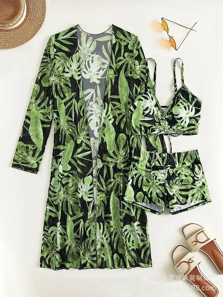 Summer Print Swimsuits Tankini Sets Female Swimwear Push Up For Beach Wear Three-Piece Bathing Suits Pool Women's Swimming Suit