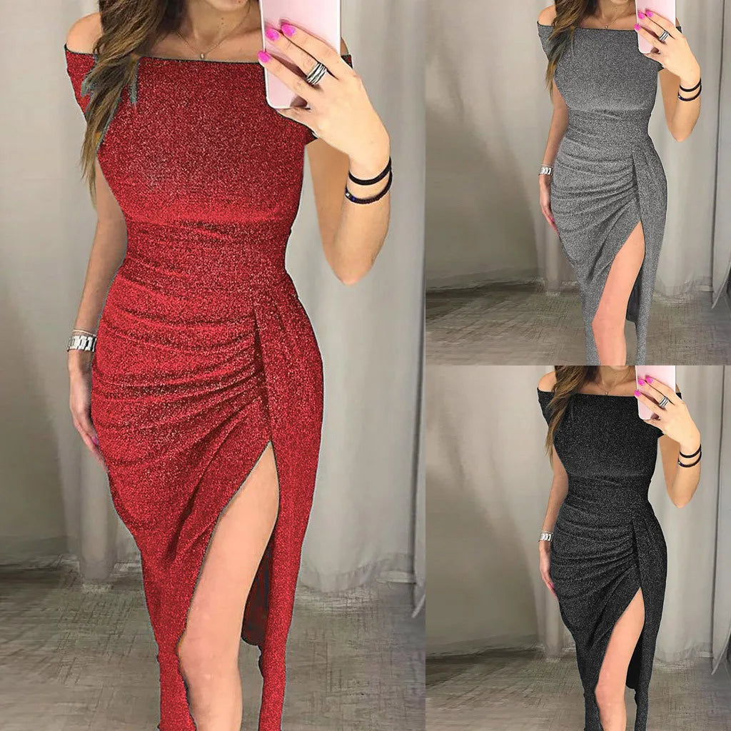 Women's Fashion Sexy Dress Strapless High Slit Tight Dress Half Sleeve Dress Elegant Dresses Ladies Party Evening Vestidos